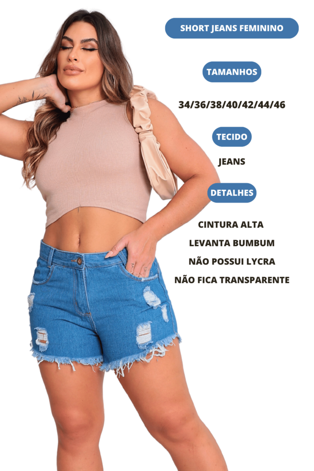 Short Jeans Feminino Cintura Alta Barra Desfiada Sem Lycra