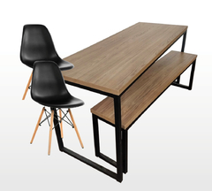 Conjunto de Mesa Com 1 banco e 2 cadeiras Estilo industrial Preto com Madeirado - M1B2C12079PTOCAR