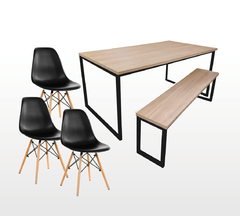 MESA + 1 BANCO + 3 CADEIRAS EIFFEL 190X90CM - PRETO + CARVALHO HANOVER - M1B2CE19090PTOCARV