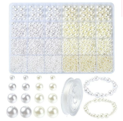 KIT PERLAS 4 TAMAÑOS BLANCO Y CREMA 1650 U APROX+ TANZA ELASTICA 0,8CM X 10 MTS