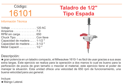 Taladro espada MILWAUKEE de 1/2″ de 650 RPM 1610-1 – FIMSA
