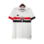camisa-São-Paulo-Home-titular-temporada-2024-2025-patrocinio-New-Balance-branca-listras-vermelho-preto-escudo-NB-selo-moeda-Clube-da-Fé-calção-detalhes. 