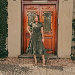 Vestido de Linho Midi Verde Militar