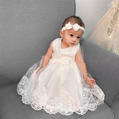 VESTIDO BEBE FESTA PRINCESA REALEZA RENDA ESTRUTURADA BRANCO