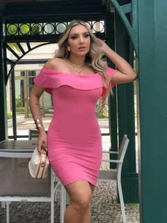 Vestido Curto Canelado Babado em Cima Rosa Camélia - comprar online