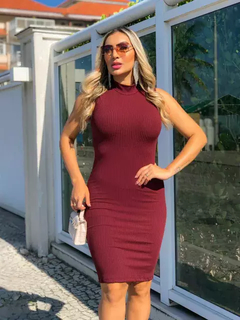 Vestido Midi Canelado Gola Alta Sem Manga Marsala - Ímpeto Modas