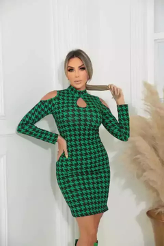 Vestido Curto Decote Gota Manga Longa Ombro Vazado Pied De Poule Preto Com Verde - Ímpeto Modas