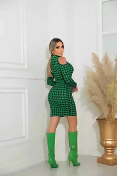 Vestido Curto Decote Gota Manga Longa Ombro Vazado Pied De Poule Preto Com Verde - loja online