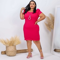 Vestido Midi Canelado Manga Bufante Plus Size Pink - Ímpeto Modas