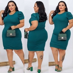 Vestido Midi Canelado Manga Bufante Plus Size Verde Jade