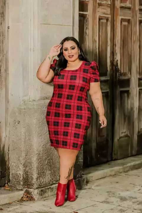 Vestido Midi Xadrez Vermelho com Decote e Mangas Bufantes - Isabel