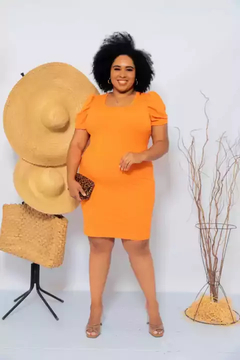 Vestido Midi Canelado Manga Bufante Plus Size Tangerina - comprar online