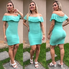 Vestido Curto Canelado Babado em Cima Verde Água