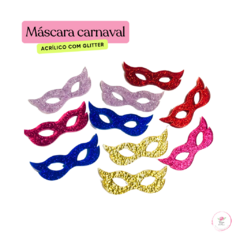 Aplique Máscara Carnaval acrílico com glitter 2cm x 4,5cm (2 unidades)