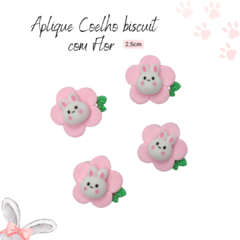 Aplique Coelho com Flor de Biscuit (4 unidades)