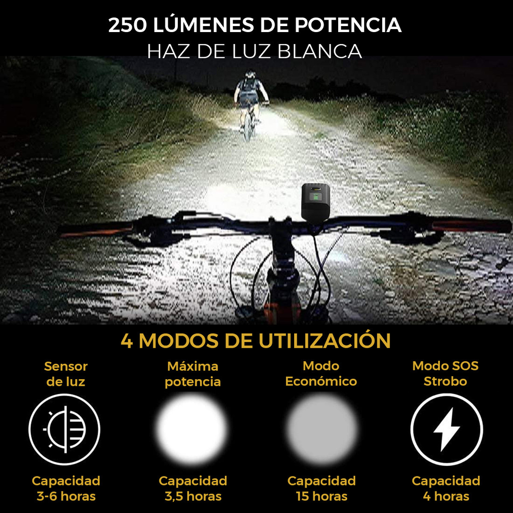 Luz foco LED recargable para bicicleta 250 lúmenes waterproof