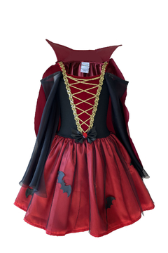 Fantasia Vampira Infantil de Halloween Vestido Super Luxo e dentes