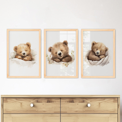 KIT 3 QUADROS URSO AQUARELA MARROM