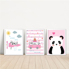 KIT 3 QUADROS PANDA ROSA