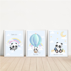 KIT 3 QUADROS PANDA AQUARELA