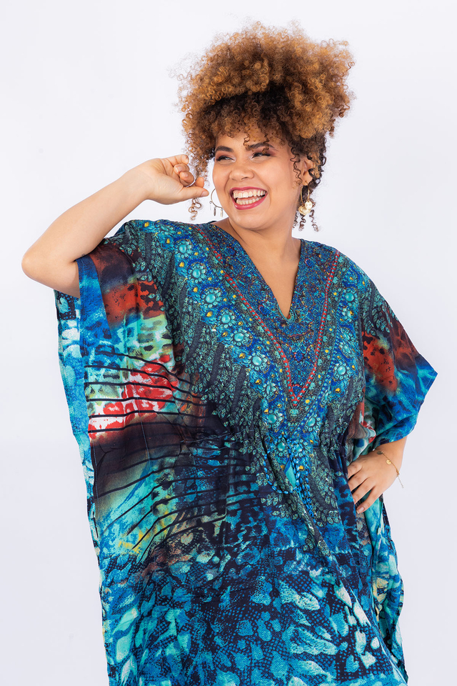 Vestido Kaftan Longa Moda Boho Estampa Africana Ajustável Linha Premium