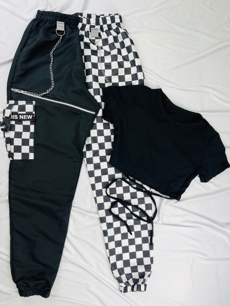 DIY CONJUNTO XADREZ, Top Cropped faixa e Calça Jogger Muito fácil 