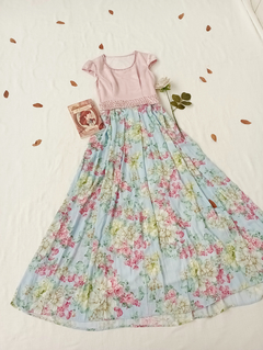 Vestido longo rosa e azul floral princesa - P/M - loja online