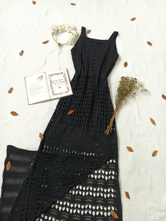 Vestido preto longo de tricot com fenda - M - comprar online