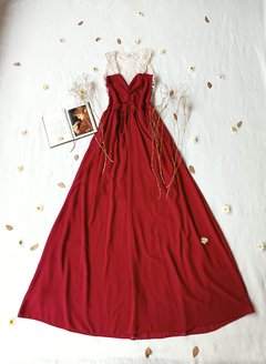 Vestido longo festa vinho marsala com tule franzido - M