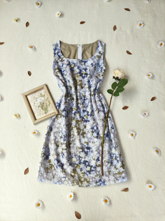 Vestido midi tubinho voil estampado bege/azul floral - M