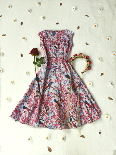 Vestido midi evasê passaros e sakuras - P/M