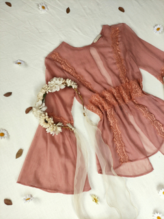 Blusa de voil rose, com renda mangas flares fairy - M na internet