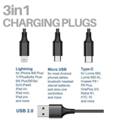 CABLE 3 EN 1 USB A MICRO USB / TIPO C / LIGHTNING - comprar online