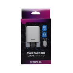 CARGADOR DE PARED SOUL MICRO USB + 2 SLOT USB 2.4A BLANCO CVQ-XUSB2M - DB Store