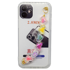 FUNDA IPHONE 13 PRO MAX TRANSPARENTE MUÑEQUERA CORAZONES