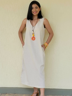 VESTIDO MIDI COM LINHO - Branco-marfim