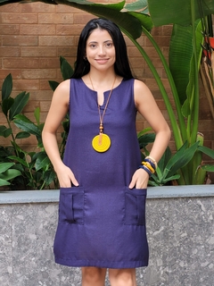 Vestido Linho Bolso Frente 20686 Liso Marinho