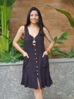 Vestido sem manga 10 botões e babado 20921 -Liso Preto