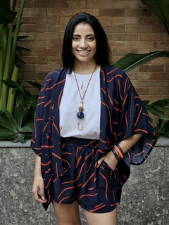 Conjunto de kimono com Short Viscose 21090 Estampado fundo Marinho
