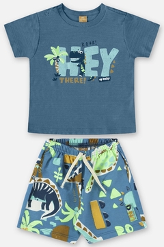 Conjunto camiseta e bermuda moletom azul dino Up Baby