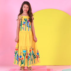 Vestido Precoce alça barrado dança das flores amarelo - comprar online