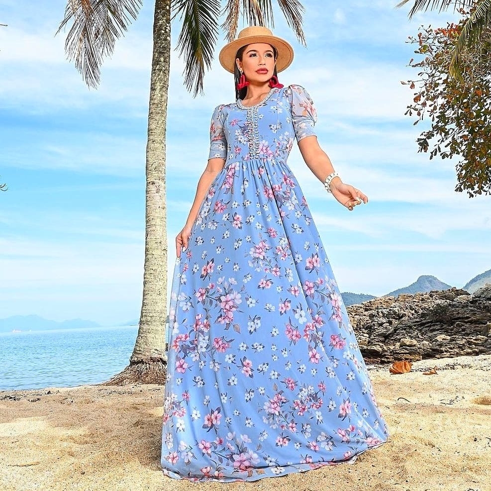 Vestido Longo Azul Floral Comprar em Menina Chik
