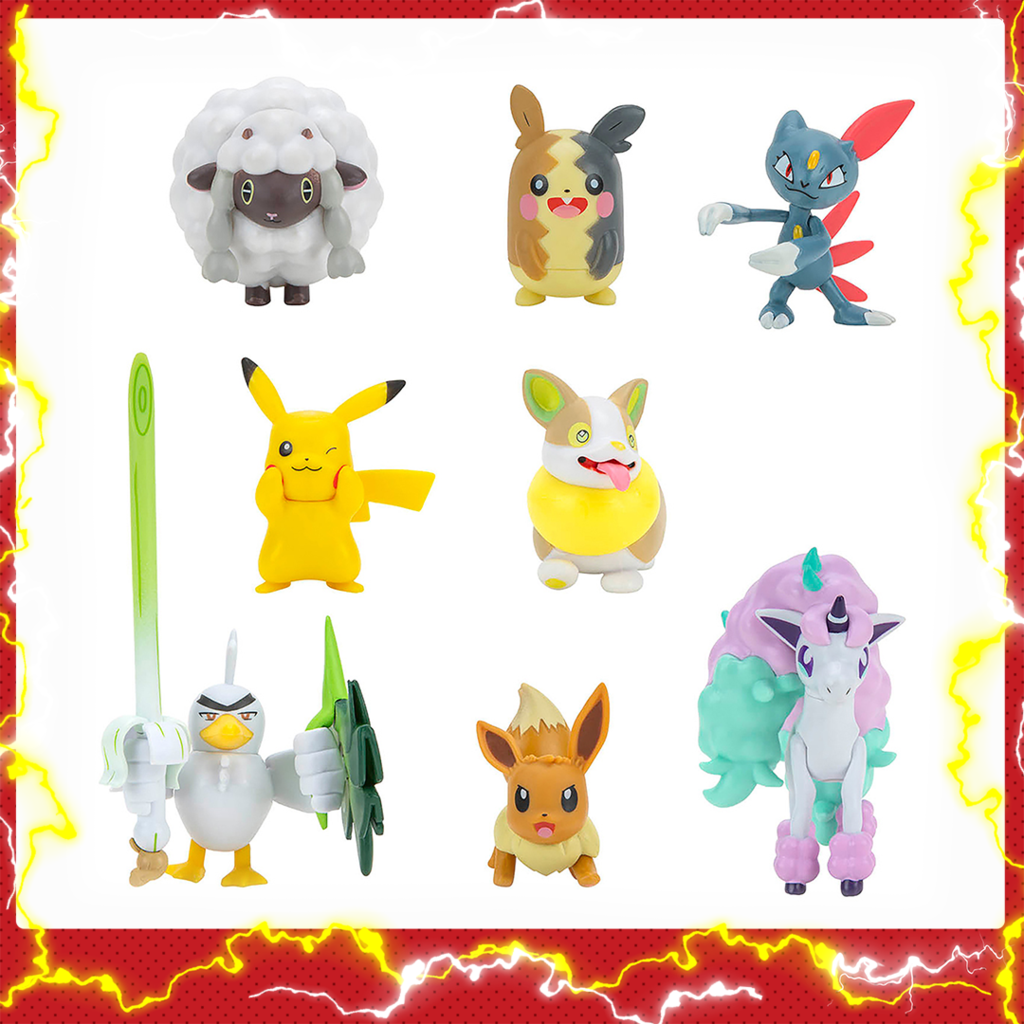 Kit 8 Bonecos Batalha Pokémon - Pikachu, Eevee, Sneasel, Wooloo, Yamper,  Sirfetch'd, Ponyta de Galar e Morpeko