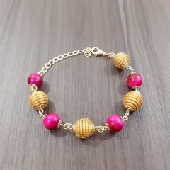 Pulseira Capim Dourado e Pedra Natural Olho de Tigre Rosa 10mm . Código P405. - comprar online