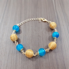 Pulseira Capim Dourado e Pedra Natural Ágata Azul 10mm . Código P402. - comprar online