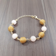 Pulseira Capim Dourado e Pedra Natural Quartzo Rosa 10mm . Código P406. na internet