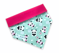 Bandana panda verde corações dupla face pink