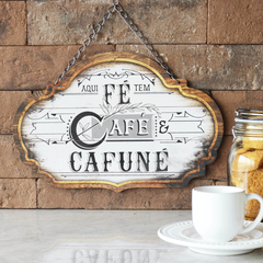 Placa Decorativa Em Mdf - Fé, Café & Cafuné - 27,5 X 20 Cm