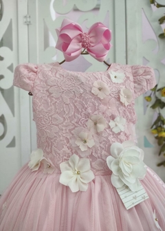 VESTIDO PLUS SIZE ROSA DE FESTA INFANTIL ENCANTADO DE MANGA CURTA COM APLICAÇÕES DE FLORES 3D - loja online