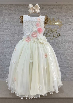 VESTIDO DE FESTA INFANTIL ENCANTADO COM APLICAÇÕES DE FLORES 3D OFF WHITE - comprar online